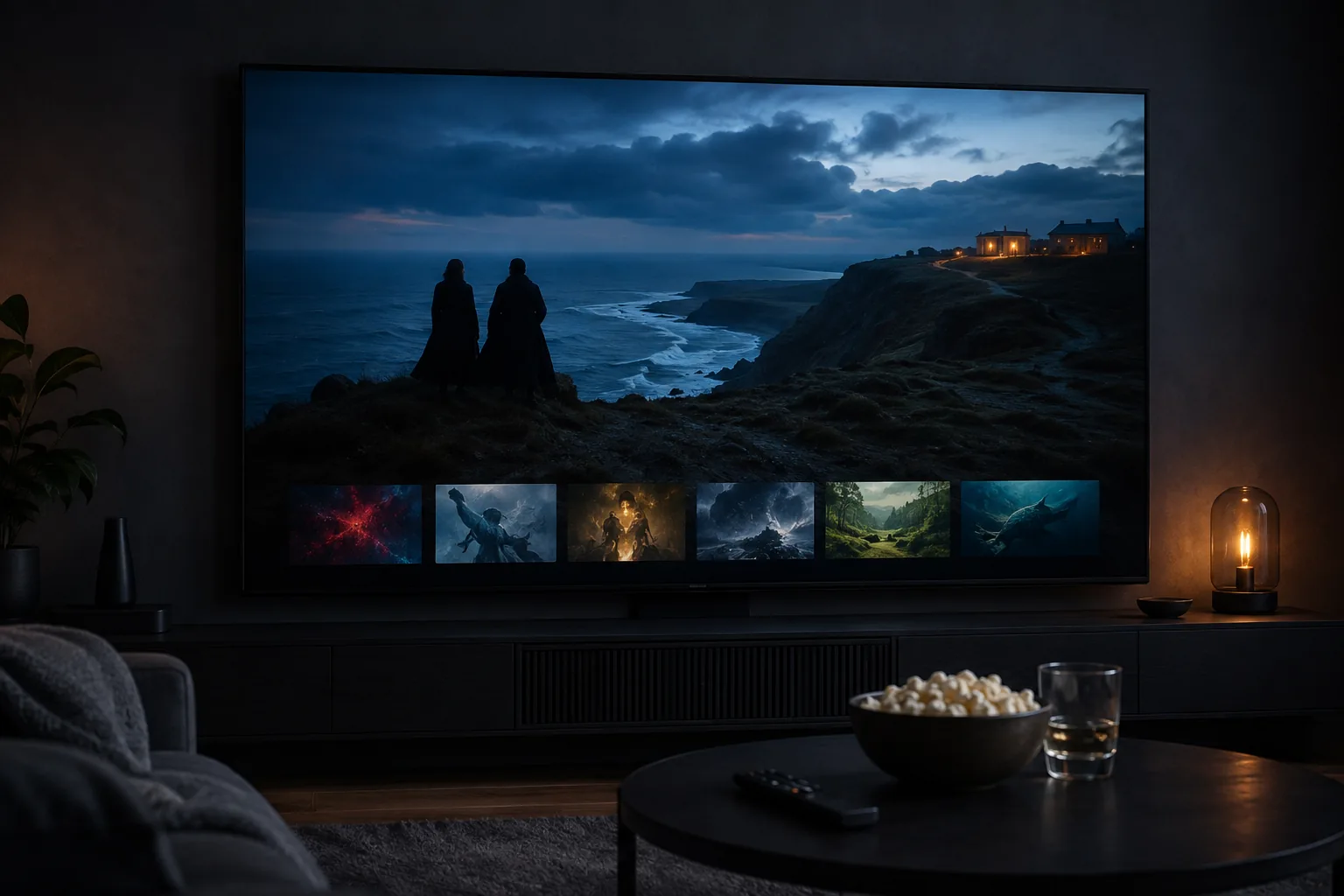 A cinematic coastal adventure on a TV above a row of film and series thumbnails