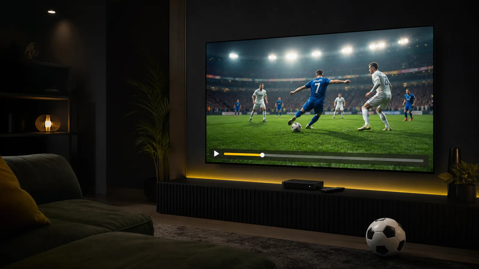 Football on a large television in a dark media room with a streaming box and remote